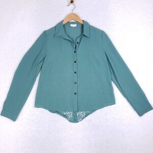 MINE Teal Green Lace Back Blouse L Button Up Long Sleeve Sheer Detail‎ Top
